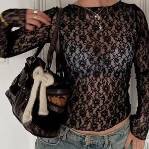 Black Floral Motif Sheer Long-Sleeved Top